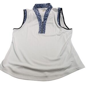 Greg Norman Womens PlayDry Sleeveless Golf Polo White Blue Feather Print XL